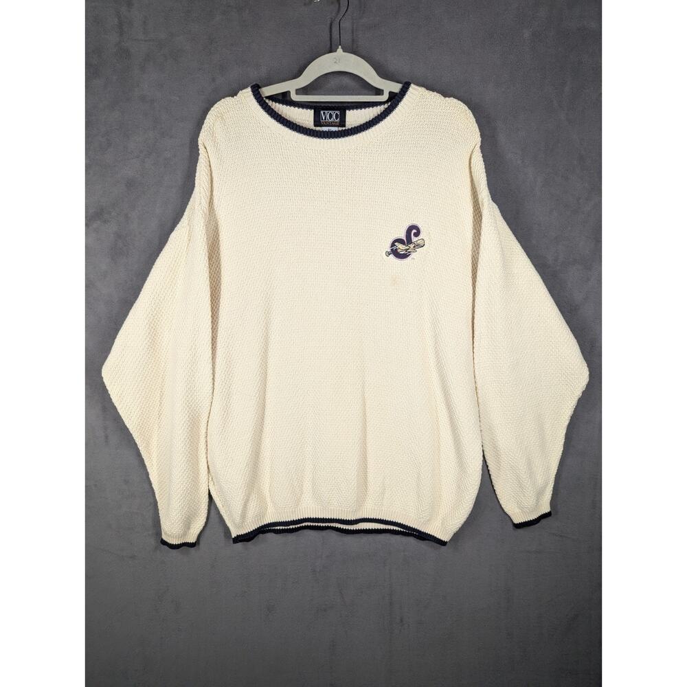 VCC Vantage Sweater Mens XL Ivory Waffle Knit Syracuse Sky Chiefs Vintage